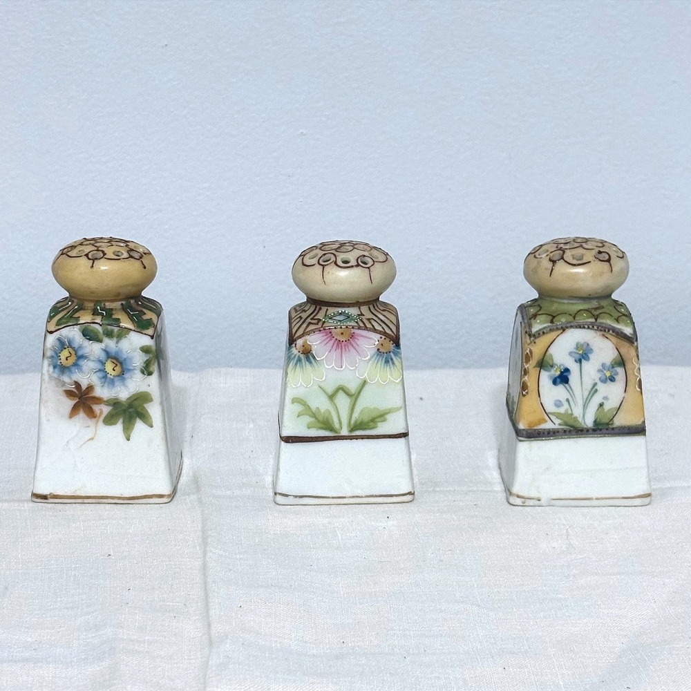 Antique Nippon Hand Painted Porcelain Salt and Pepper Shakers Floral Set of 3